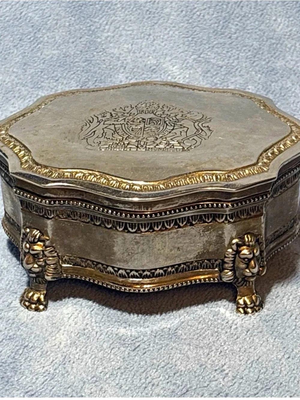 Ornate Silver-Tone Decorative Trinket Box with Lion Feet
